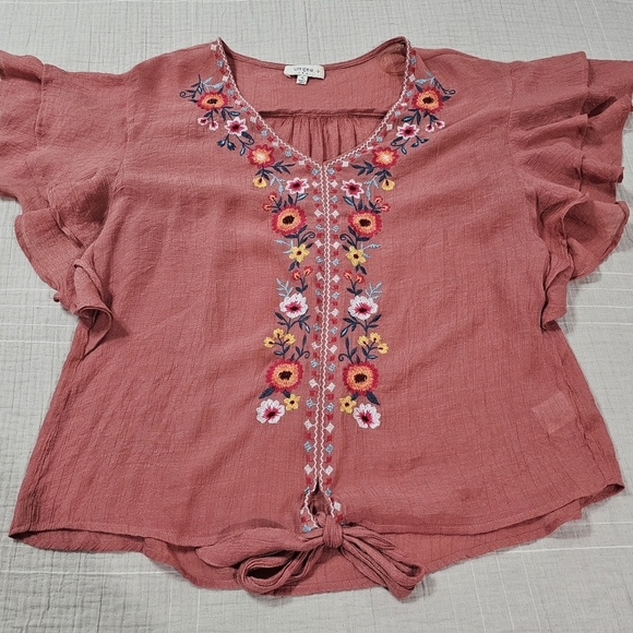 Umgee Tops - Umgee Embroidered Tie Front Ruffled Sleeve Blouse Size Xlarge